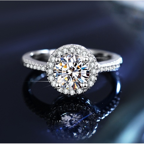 Nhẫn bạc sterling 100% S925 sterling bạc 100% có thể điều chỉnh hình kim cương thanh lịch cho nữ 1 carat