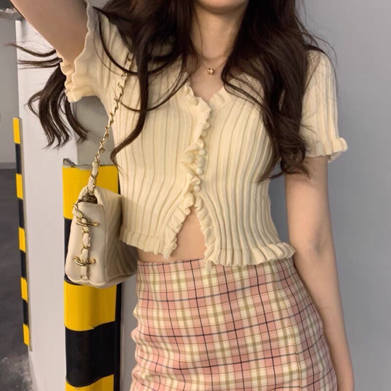 Áo Croptop Nữ Dệt Kim Dáng Crop Mix Chân Váy Jeans Siêu Trendy