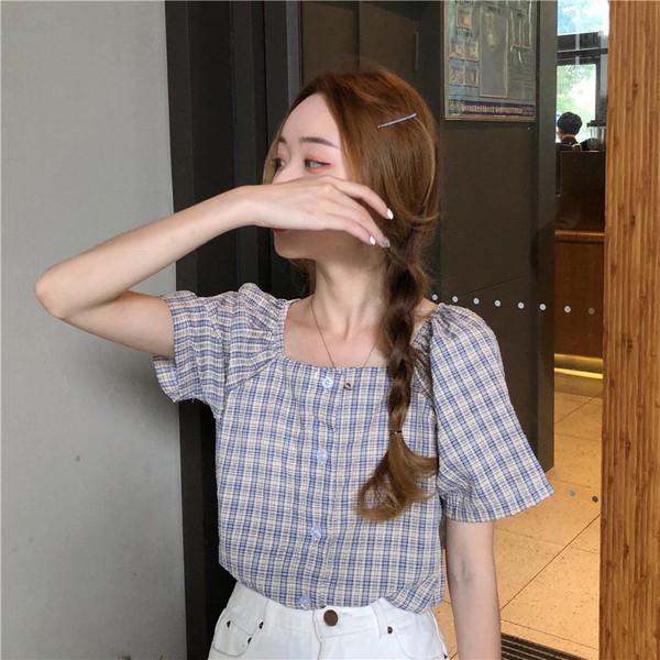 SUXI Korean Square Neck Plaid Short Sleeve Shirt
