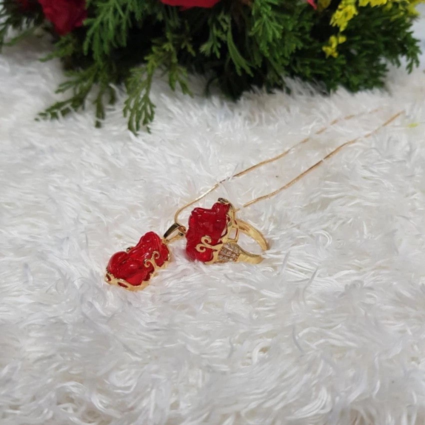 Bộ đôi nhẫn và dây chuyền tỳ hưu mạ vàng 18k phng thủy bình an chiêu tài lộc 2018 màu đỏ