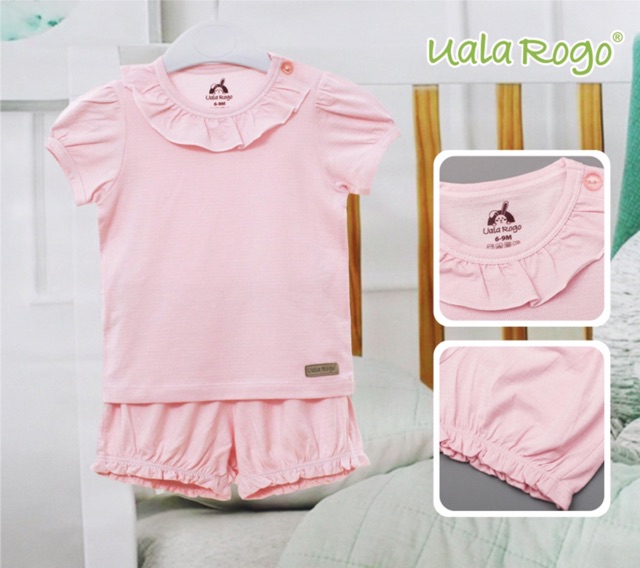 Bộ cộc tay uala rogo cài vai chui đầu chất cotton vải thủng, hoạ tiết modal, bộ bé gái cotton 2020