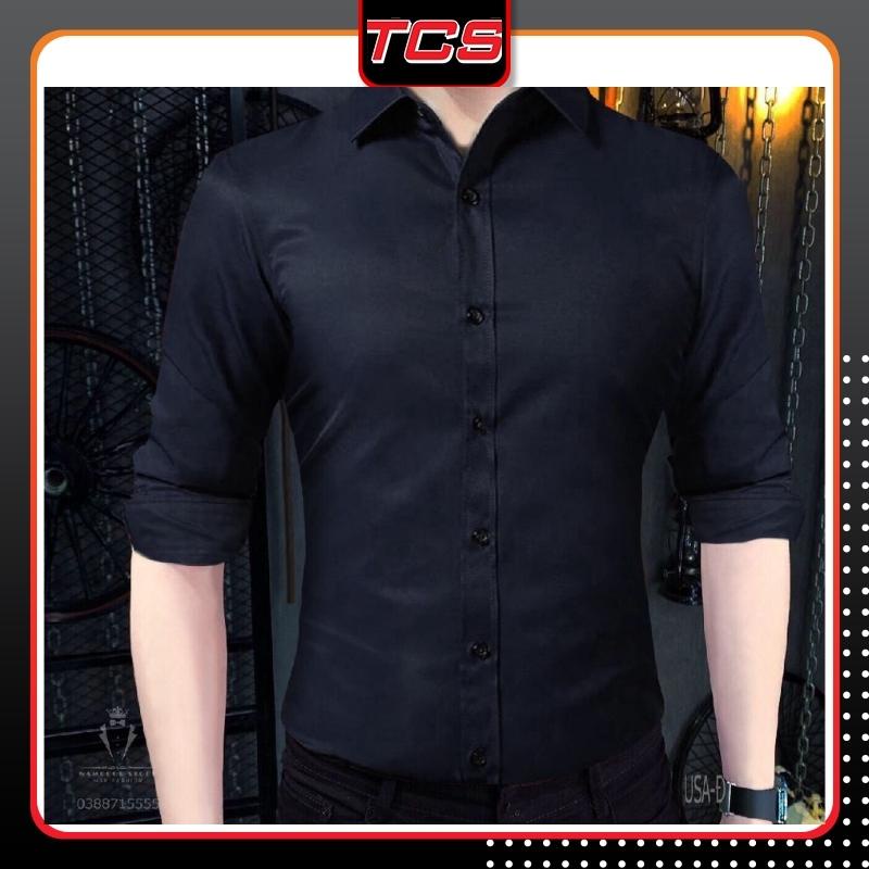 Áo sơ mi lụa nam dài tay hàn quốc cao cấp đẹp giá rẻ TCS đen trơn