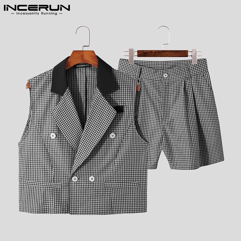 Set đồ 2 mảnh INCERUN gồm áo ghi lê và quần short sọc caro thời trang cá tính cho nam