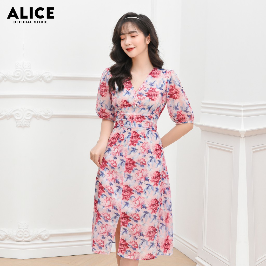 Váy Thiết Kế Tiểu Thư ALICE Dáng Xòe Cúc Ngọc Họa Tiết Hoa Thanh Lịch, Sang Trọng V692