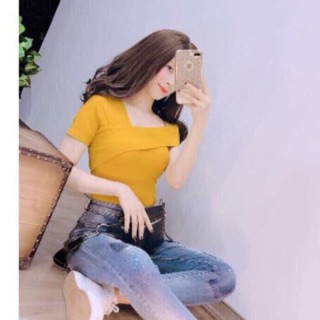 Áo phông cổ chéo,lệch vai ảnh thật