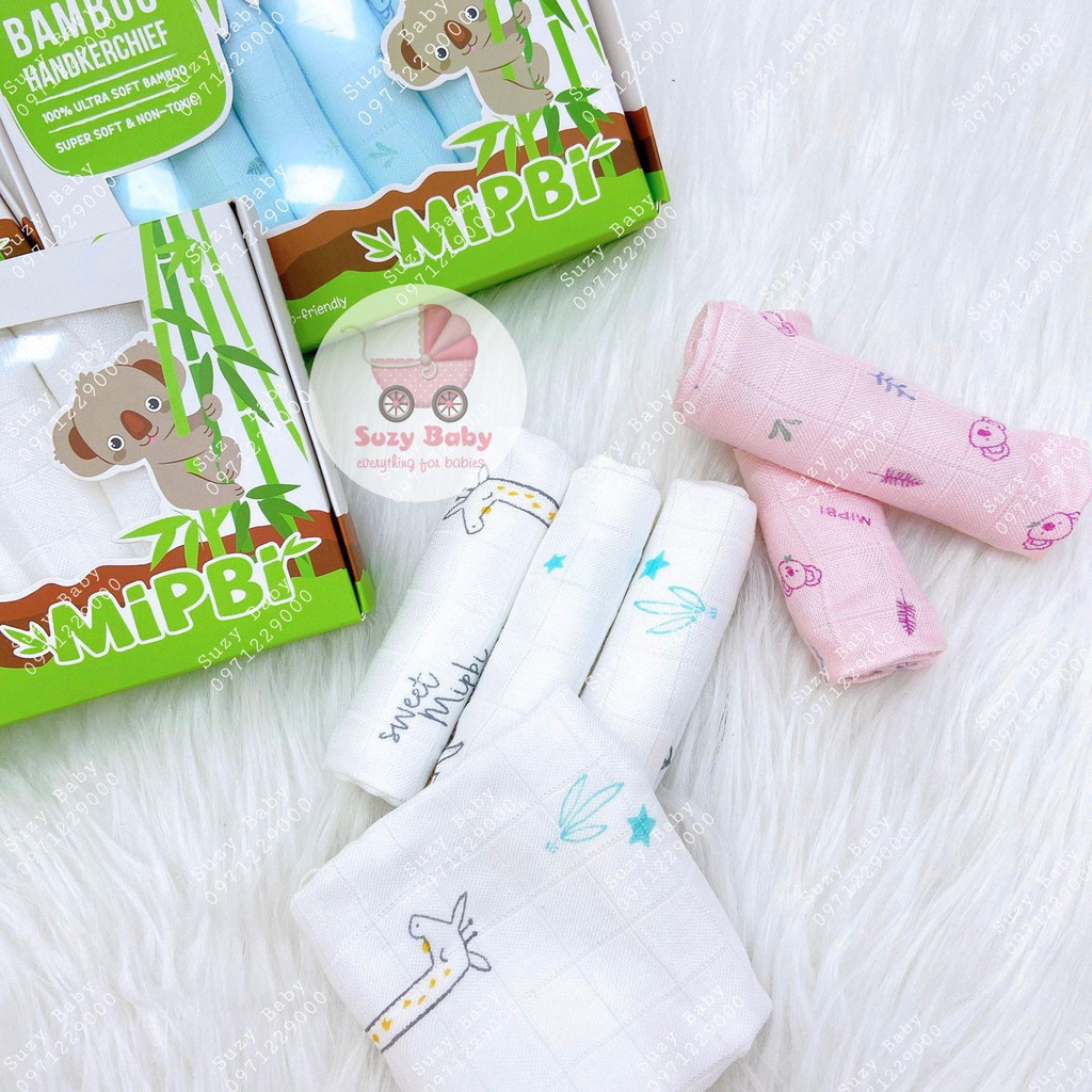 Hộp 6 khăn sữa cao cấp Mipbi 3 lớp 100% sợi tre mềm mại, kháng khuẩn