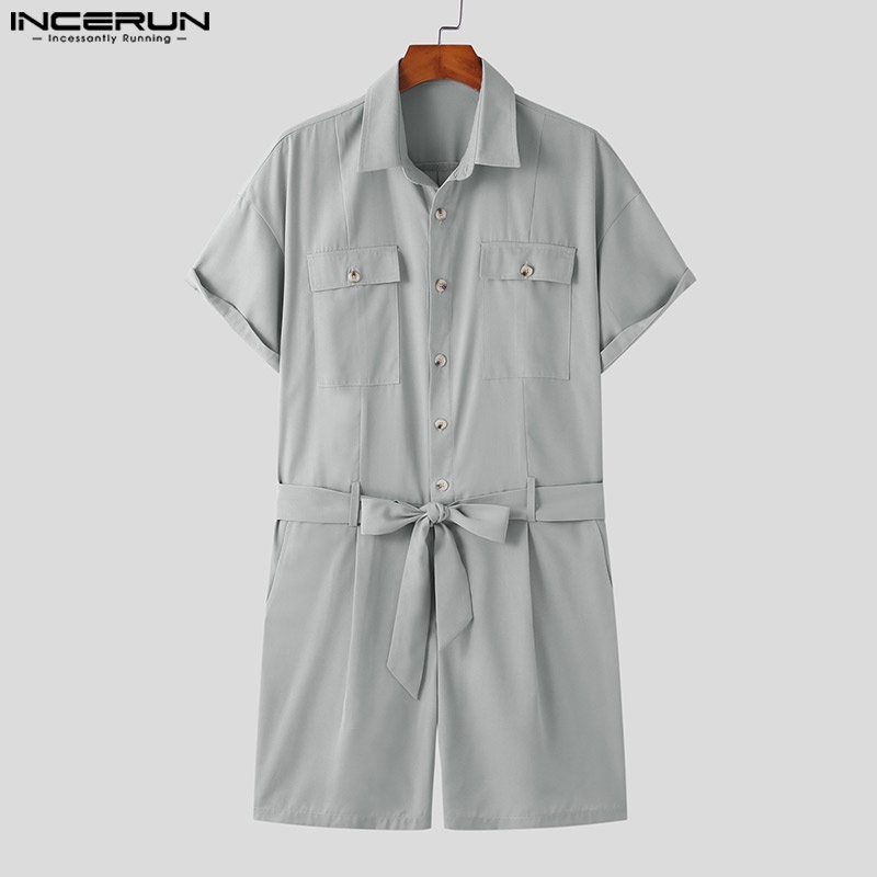 Jumpsuit INCERUN tay ngắn dáng rộng phối túi thời trang cá tính cho nam