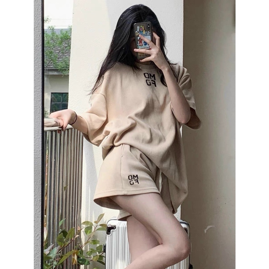 Bộ Thun Chữ OMFG PEONYB Unisex [FREESHIP]  Set đồ quần short kèm áo phông tay lỡ form rộng 3158 be mịn kiểu hàn quốc