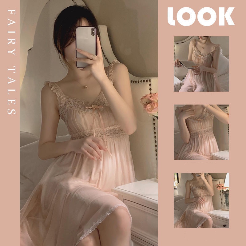 【Spot】Sling Loose Dresses Home Wear Bigsize Sexy Loose Dresses Sexy Pink Lace Mesh Nightgowns New Summer Fashion For Women