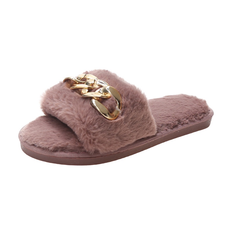 Dép Nữ Bông Đi Trong Nhà Đế Bằng Quai Xích Thời Trang Thu Đông Cho