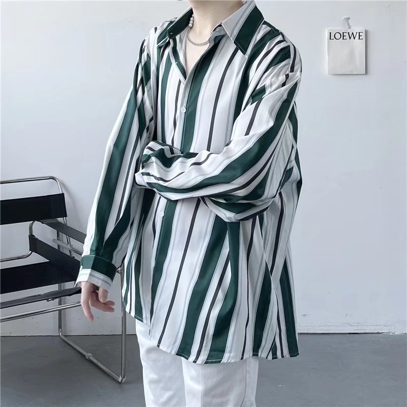 Áo Sơ Mi Dài Tay Dáng Rộng Hoa Văn Kẻ Sọc Phong Cách Retro Hàn Quốc Dành Cho Nam