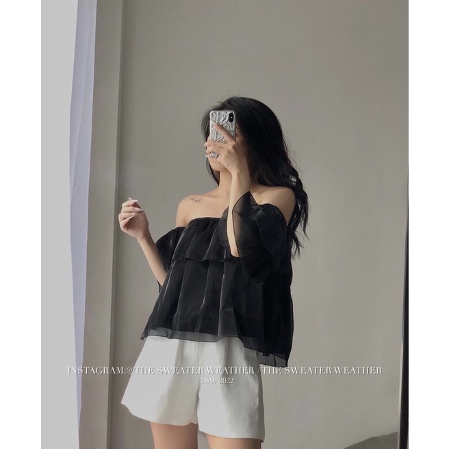Áo trễ vai tầng bèo dáng lửng vải organza tiểu thư Kozoda M81
