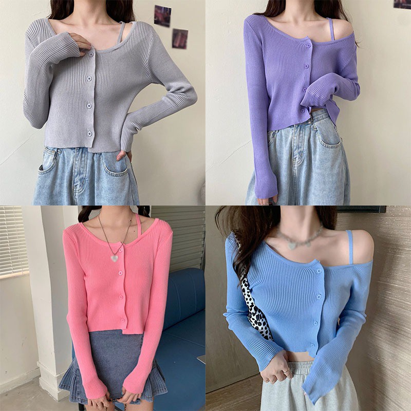 Áo Cardigan Dệt Kim Tay Dài Thiết Kế Lệch Vai Quyến Rũ Cho Nữ | BigBuy360 - bigbuy360.vn