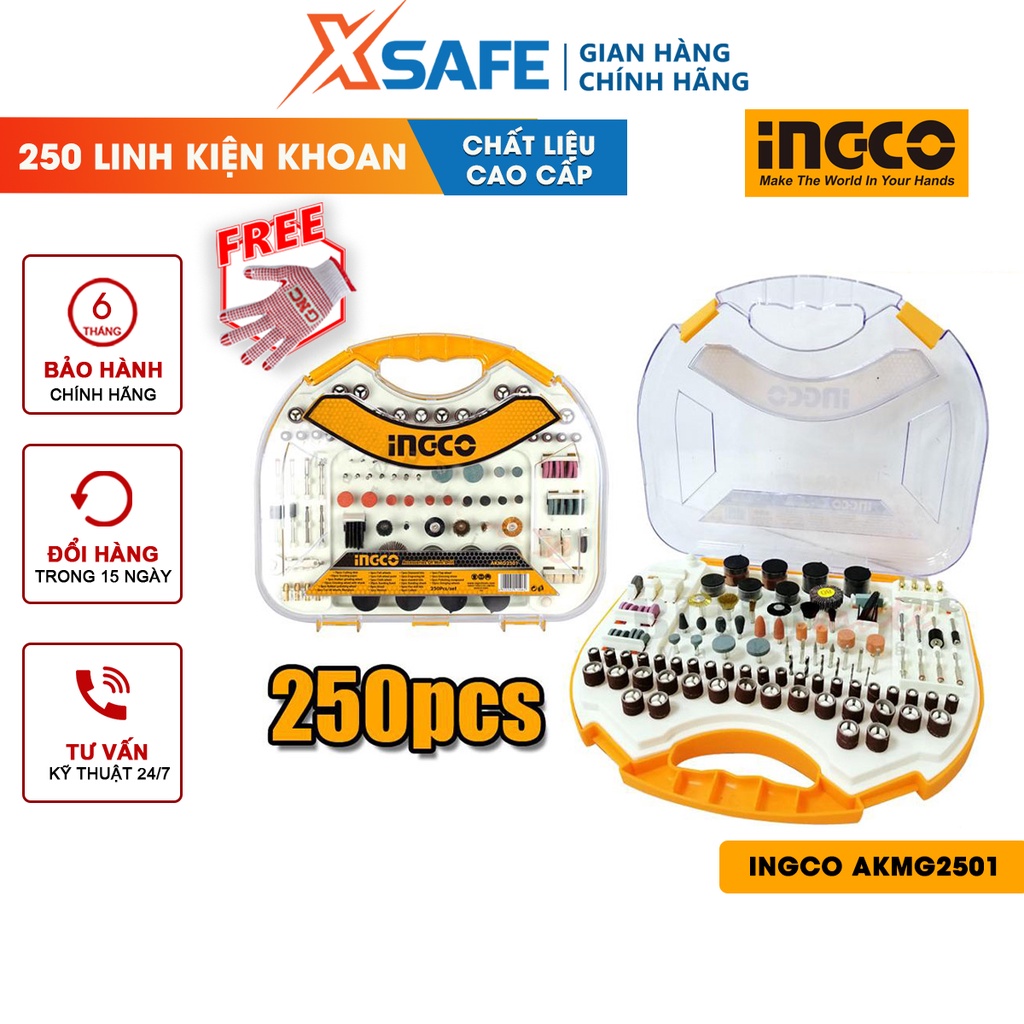 Bộ 250 linh kiện khoan mini INGCO AKMG2501 đóng gói hộp nhựa chắc chắn