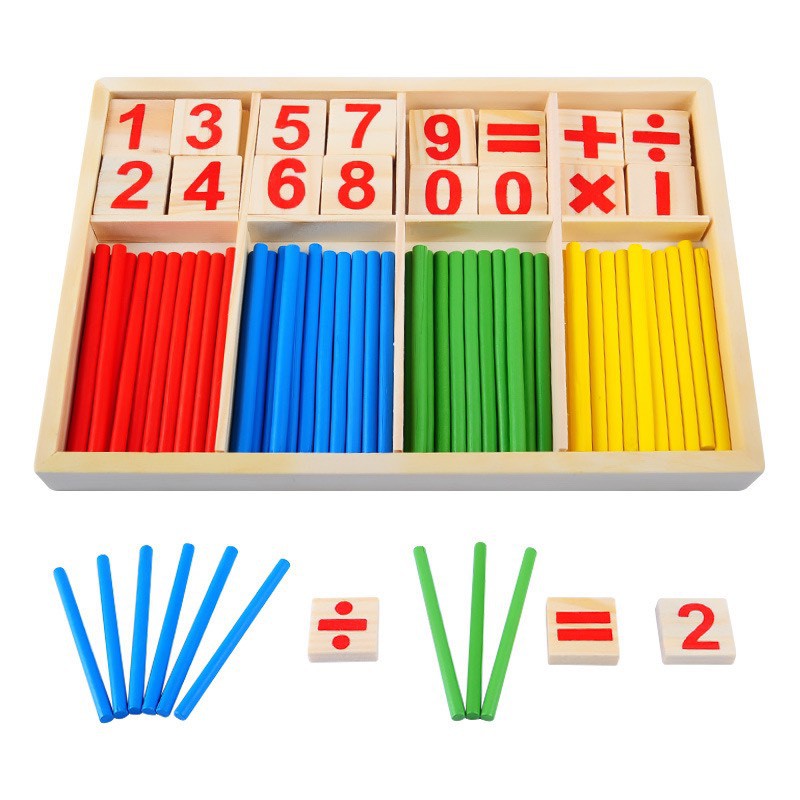 Bộ que tính cho bé học toán bằng gỗ - kèm số và phép tính - đồ chơi Bi house