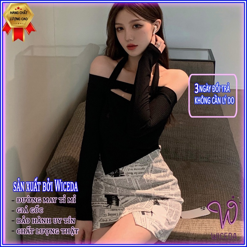 Áo croptop dài tay trễ vai gấu lệch xinh , ao thun nữ kiêu đẹp chất len tăm 100% cotton 2 màu đen trắng Wiceda 451