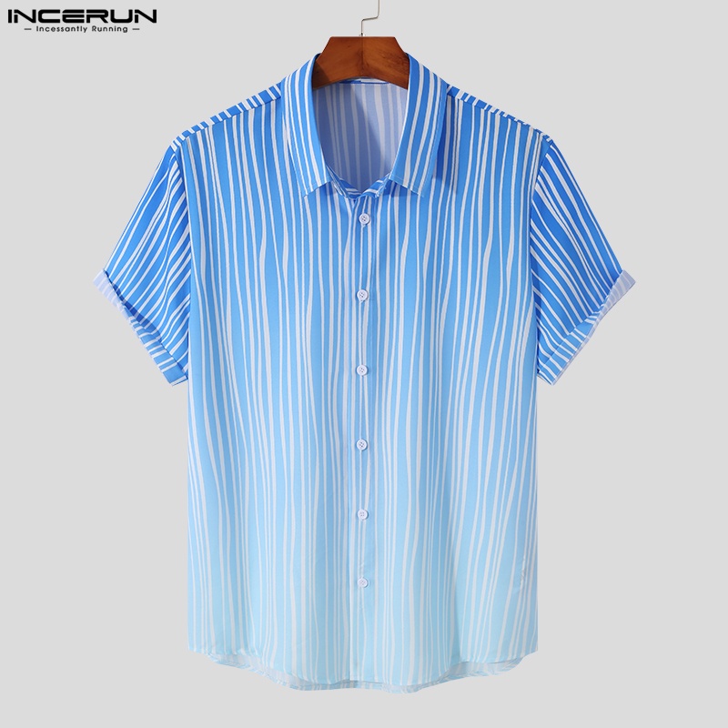 Áo sơ mi INCERUN tay ngắn dáng rộng họa tiết kẻ sọc màu xanh gradient thời trang cho nam