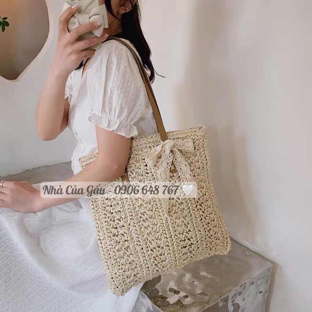 Túi cói dây da form to mix nơ ren xinh như tiểu thư luôn