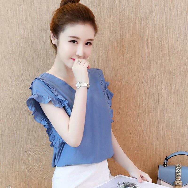 Áo kiểu cổ V ngắn tay viền xếp li thanh lịch cho nữ | BigBuy360 - bigbuy360.vn