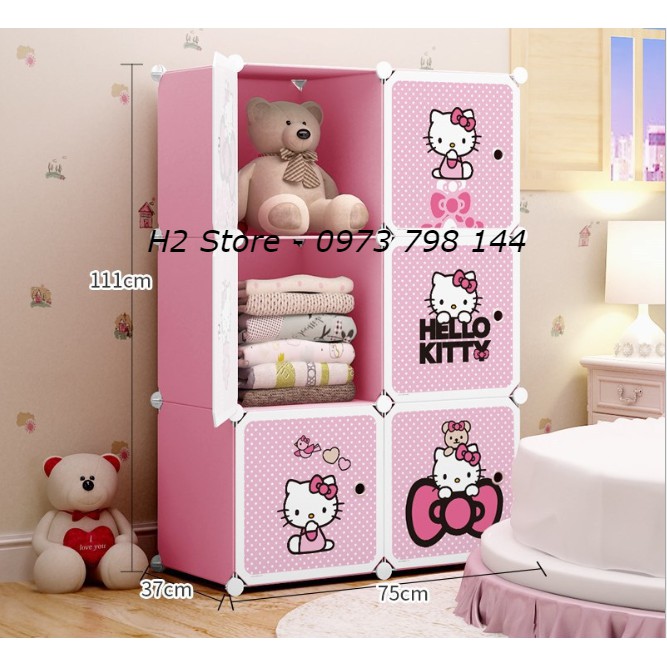 TỦ NHỰA THÔNG MINH ĐỂ ĐỒ LẮP GHÉP ĐA NĂNG 6 Ô CỬA KITTY CHẤM BI DỄ THƯƠNG CHO BÉ sâu 47cm
