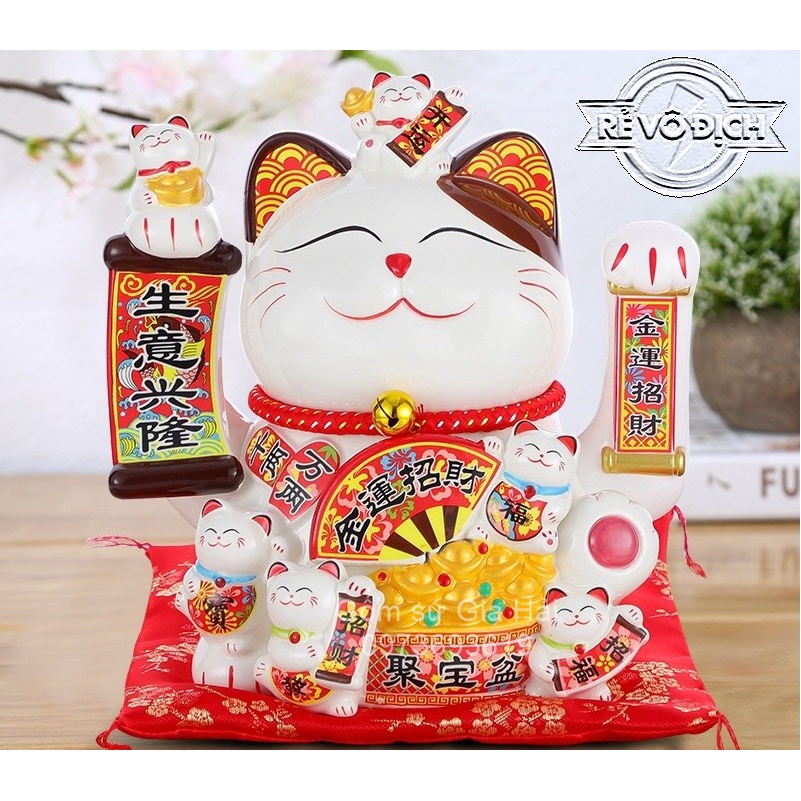 Mèo thần tài vẫy tay dùng được với pin cao 18cm dòng hộp tím