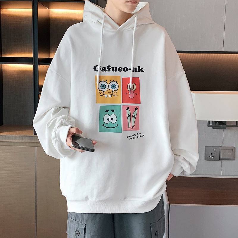 Áo hoodie tay dài dáng rộng size lớn in hình vẽ hoạt họa dễ phối đồ thời trang xuân thu phong cách Hồng Kông cho nam