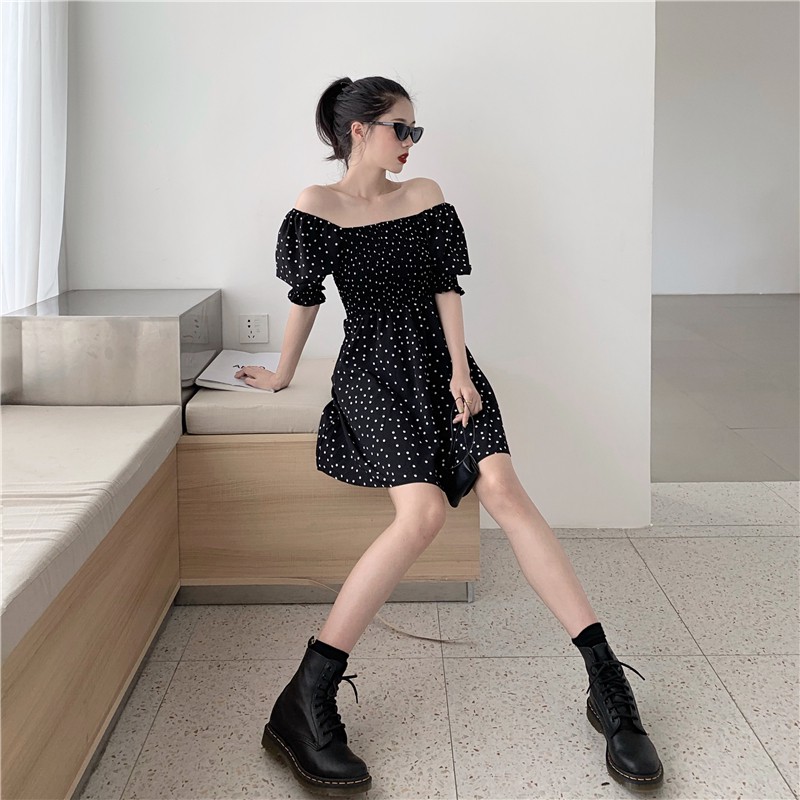 Đầm xòe cổ vuông tay phồng dáng ngắn họa tiết chấm bi phong cách ulzzang Hàn Quốc V39 - Peyy Clothing