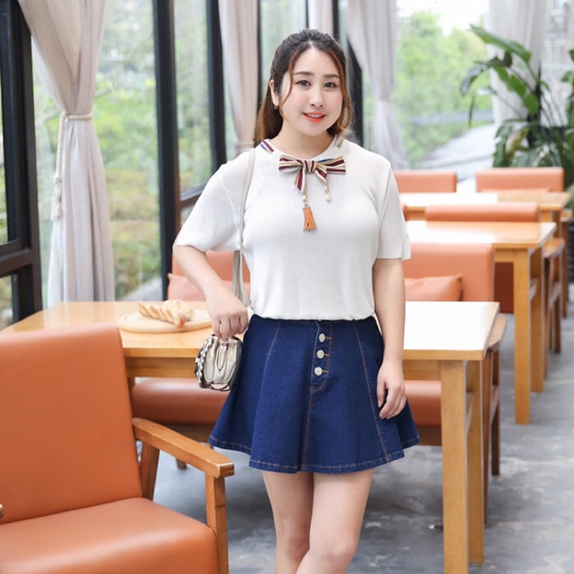 Áo thun dệt kim big size cổ thắt nơ 3 màu size ngoại cỡ 65-80kg kèm ảnh thật bao đẹp y hình