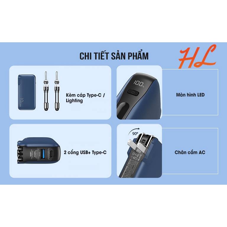 Pin Sạc Dự Phòng 10000Mah Remax RPP-278 - Sạc Nhanh QC3.0, PD20W - Nguồn AC Sạc Trực Tiếp 220V - BH 1 Năm - Hưng Long PC