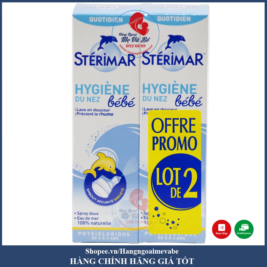 Xịt muối biển cá heo vàng và cá heo cam, xịt mũi cá heo (100ml) vệ sinh mũi cho bé 0-3 tuổi Sterimar, Pháp