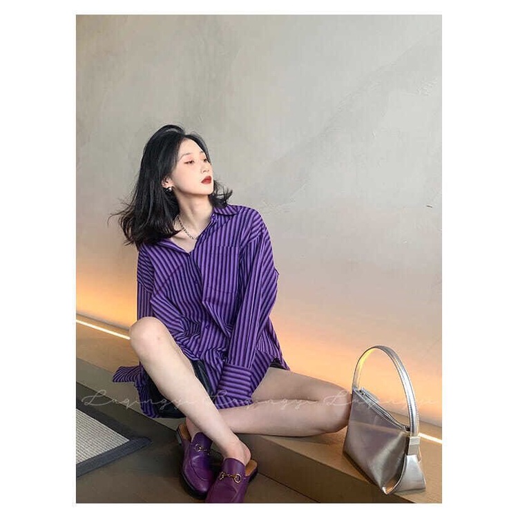 Áo Sơ Mi Dáng Rộng Họa Tiết Kẻ Sọc Màu Tím Phong Cách Cổ Điển Thời Trang Mùa Xuân 2022 Cho Nữ