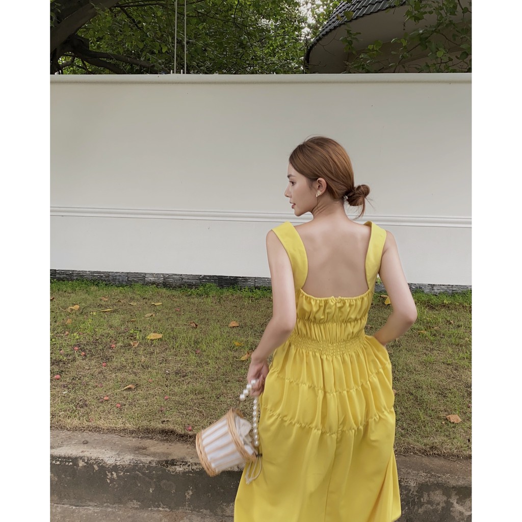 [Mã WABRWA15 giảm 15% đơn 300K] Đầm Hai Dây Nhún Eo Màu Vàng EDINI - D1401 | BigBuy360 - bigbuy360.vn