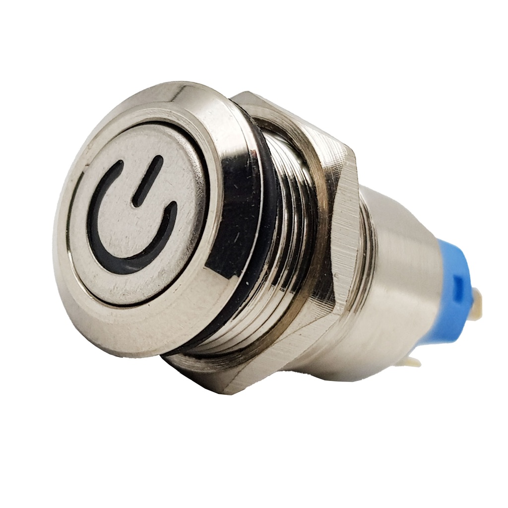 Nút nguồn kim loại 12mm có đèn Mặt nút nhấn dạng phẳng, chống nước nhẹ, nút giữ nguyên trạng thái khi thả tay ra