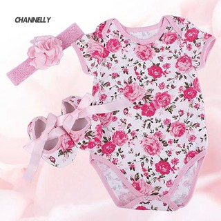 Bộ áo liền quần + giày + băng đô nơ đáng yêu cho bé gái sơ sinh