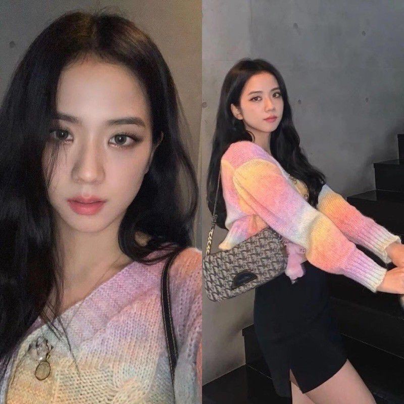 Áo khoác len croptop form rộng phối màu cầu vồng như Jisoo Blackpink siêu xinh