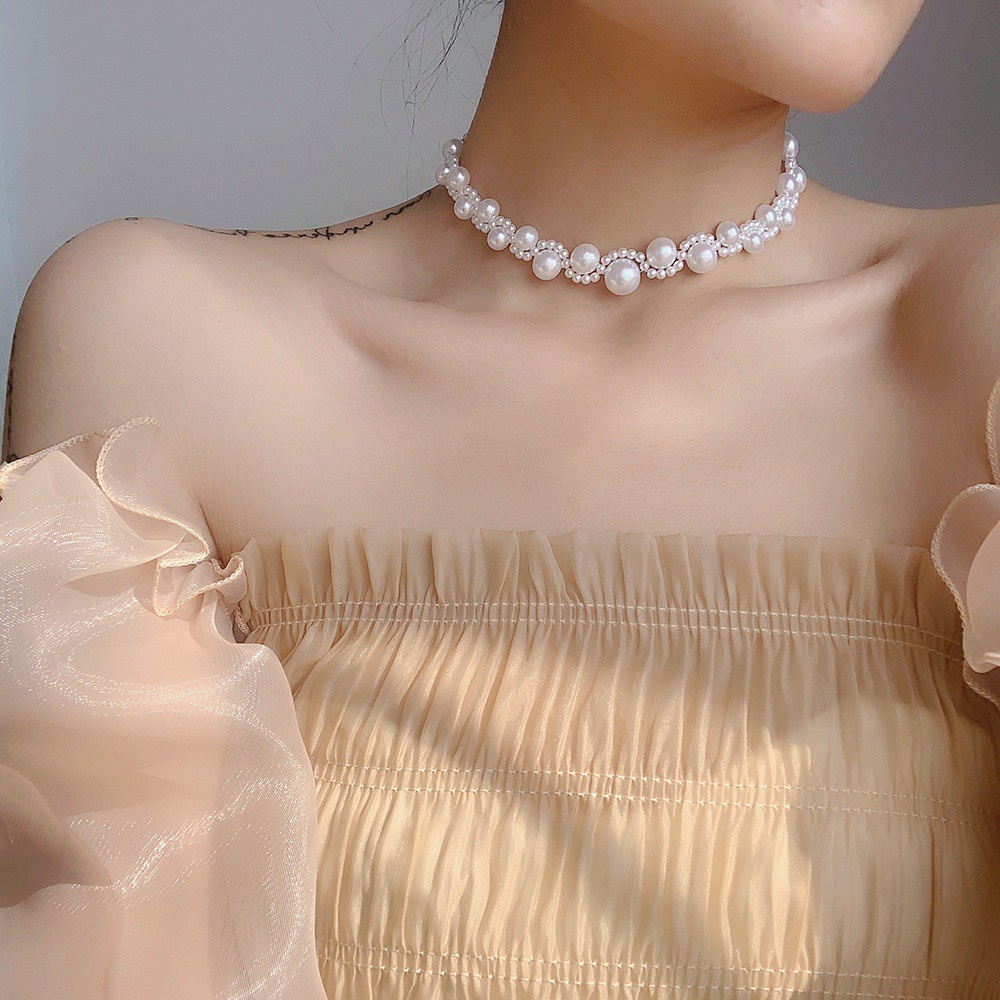 vòng cổ Choker Nhiều Lớp Đính Hạt Ngọc Trai Thời Trang Hàn Quốc Cho Nữ