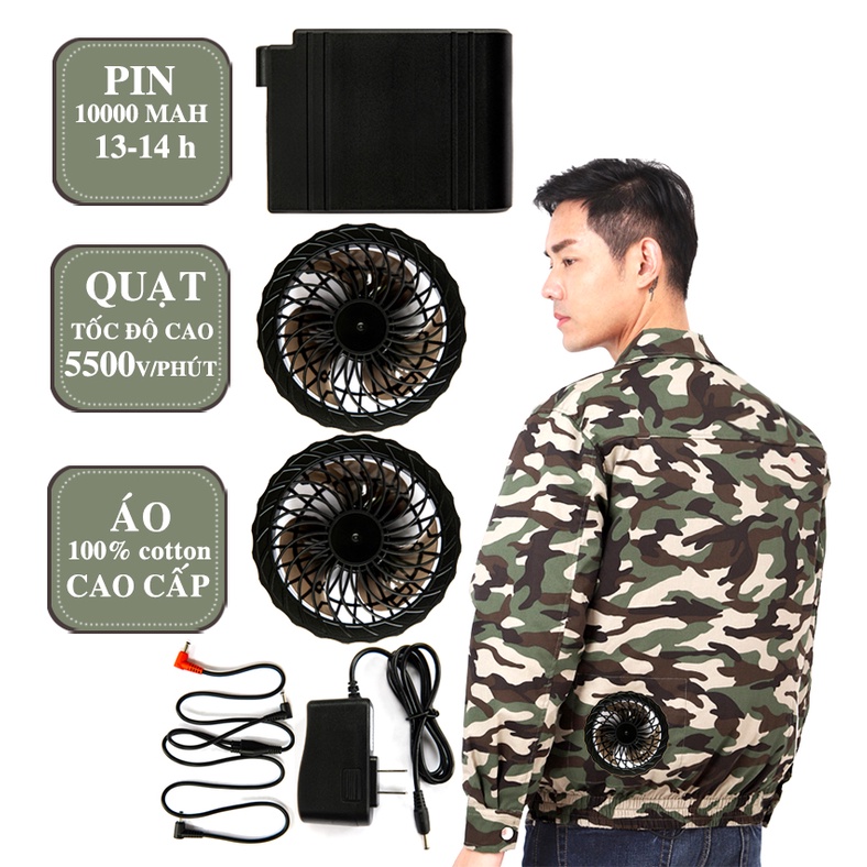 Áo điều hòa, Áo quạt gió Nhật Bản, Pin 10000 mAh chạy 13-14h, quạt tốc độ cao 5500V/phút