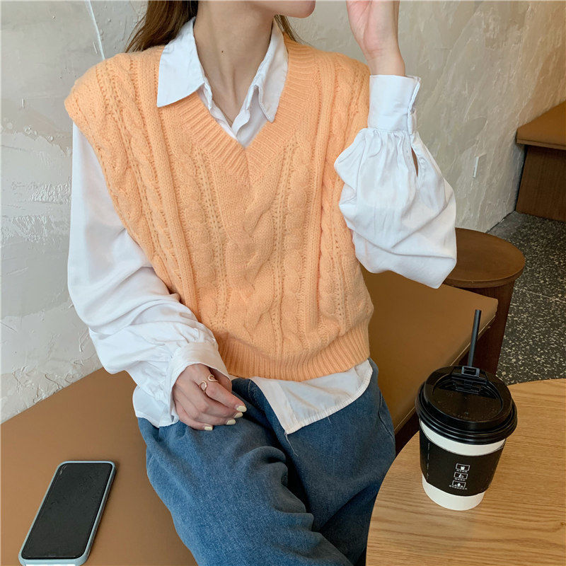 Áo Len Nữ Không Tay Cổ Chữ V Phong Cách Retro Nhật Bản