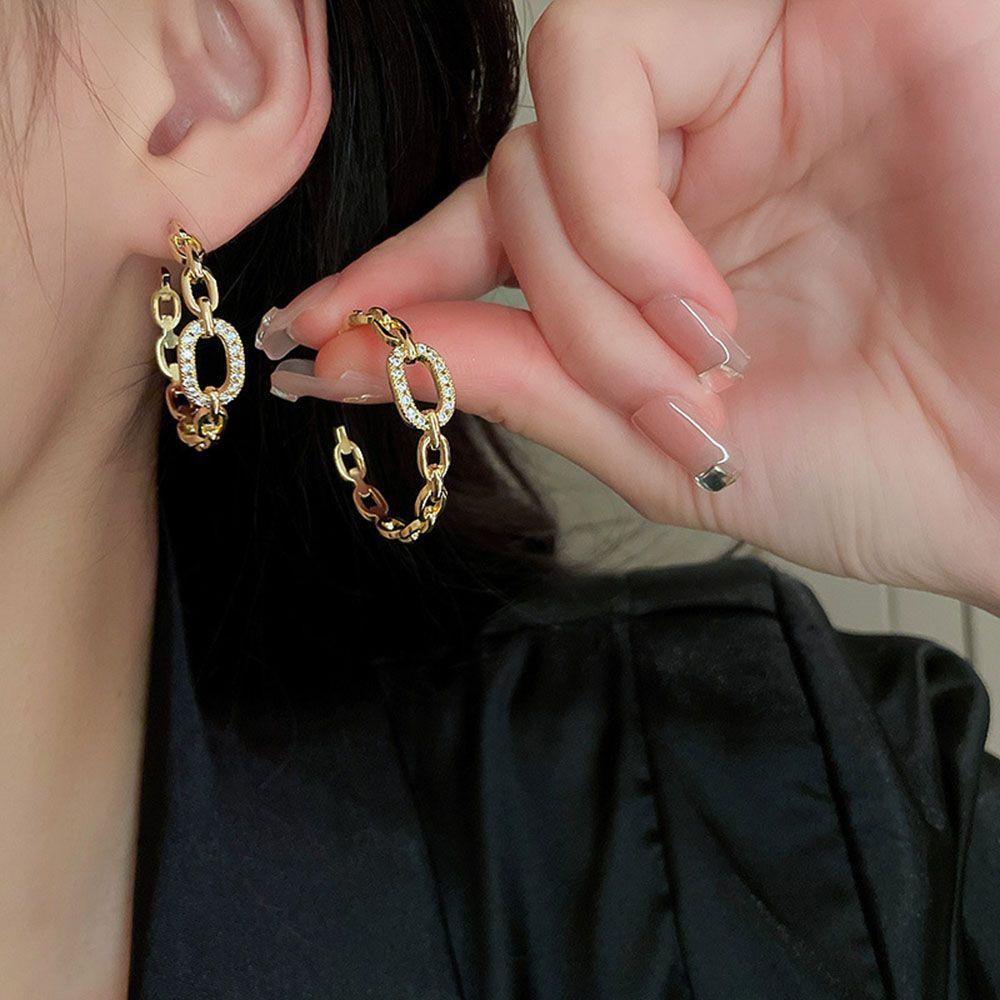 Khuyên Tai Hợp Kim Hình Chữ C Đính Đá Lấp Lánh Phong Cách Hàn Quốc