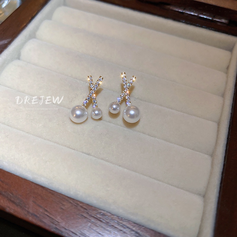 DREJEW Khuyên tai bạc đính đá kim cương và ngọc trai giả phong cách cổ điển dễ phối đồ