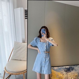 Váy jeans cổ vuông vạt chéo cut out bên hông hàng thiết kế