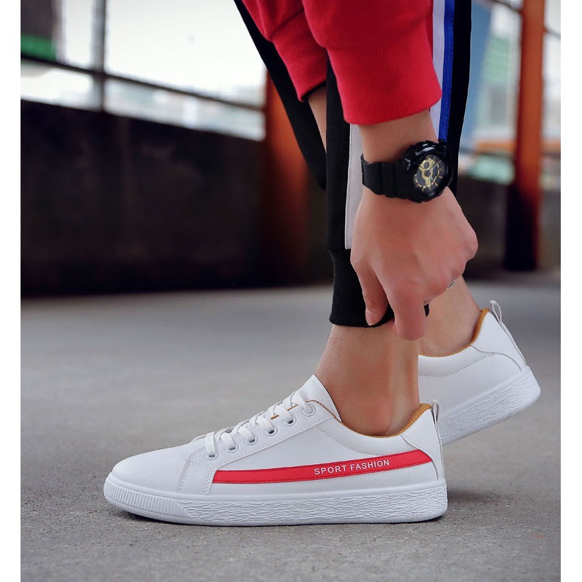 GIẦY SNEAKER DA Kẻ SPORT FASHION ( TRẮNG - ĐỎ ) Thể Thao Nam phong cách Korea 2018