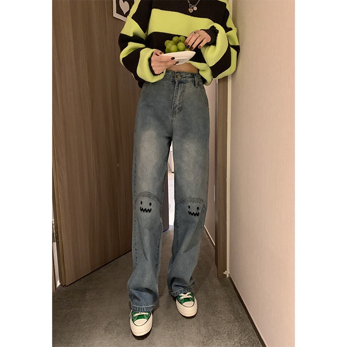 Quần jean ống rộng lưng cao phối thêu mặt cười phong cách cổ điển | BigBuy360 - bigbuy360.vn
