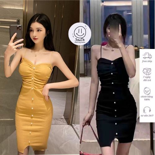 Đầm Len Ôm 2 Dây Hàng Nút Nhún Ngực Quyến Rũ | Smide Clothing