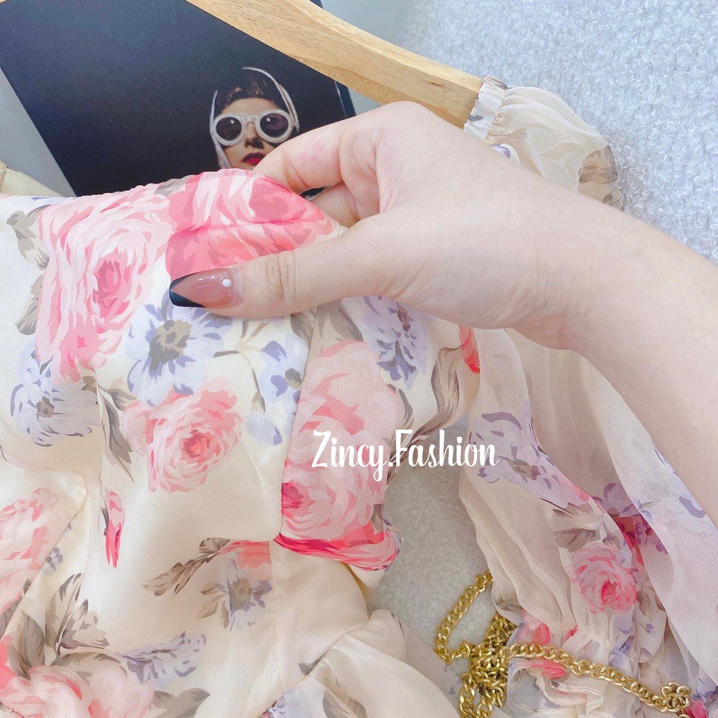 Đầm xoè cổ vuông tay phồng đầm voan hoa thiết kế 2 lớp