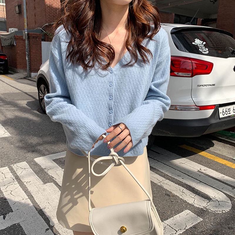 Áo Khoác Cardigan Dệt Kim Tay Dài Cổ Chữ V Thiết Kế Ôm Sát Tôn Dáng