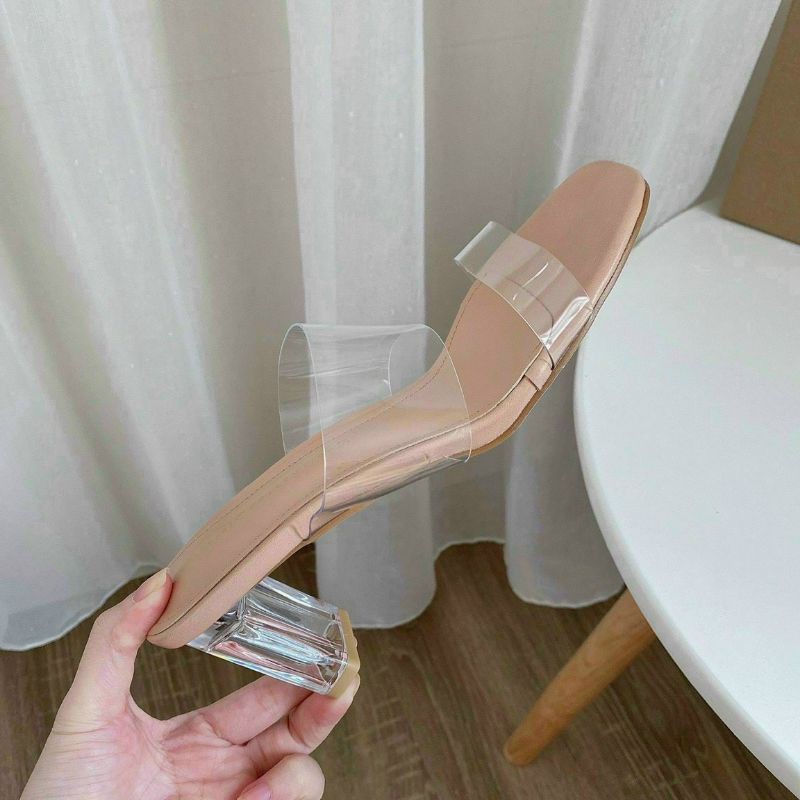 Guốc 2 quai da bóng  màu hồng gót 5 phân