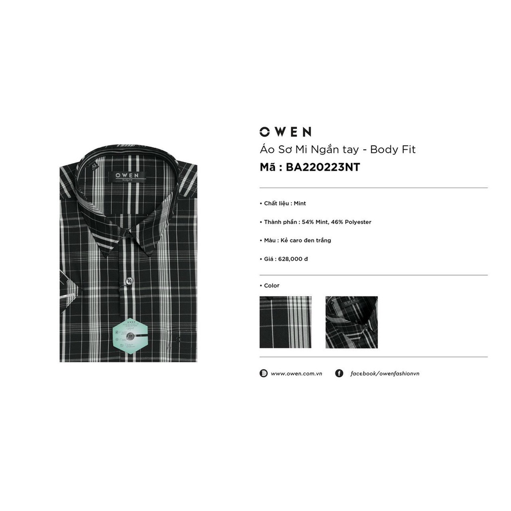Áo sơ mi owen ngắn tay màu kẻ caro đen trắng body fit vải bạc hà BA220223NT