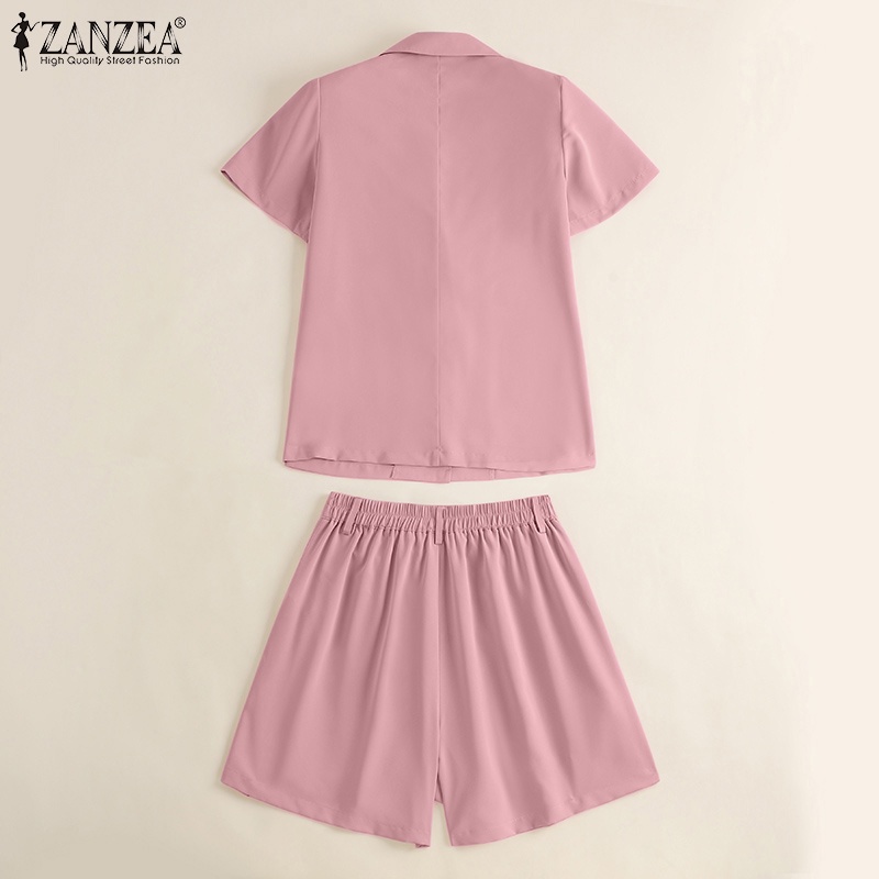 Set đồ thời trang công sở ZANZEA gồm áo tay ngắn + quần short lưng thun có khóa kéo màu trơn cho nữ