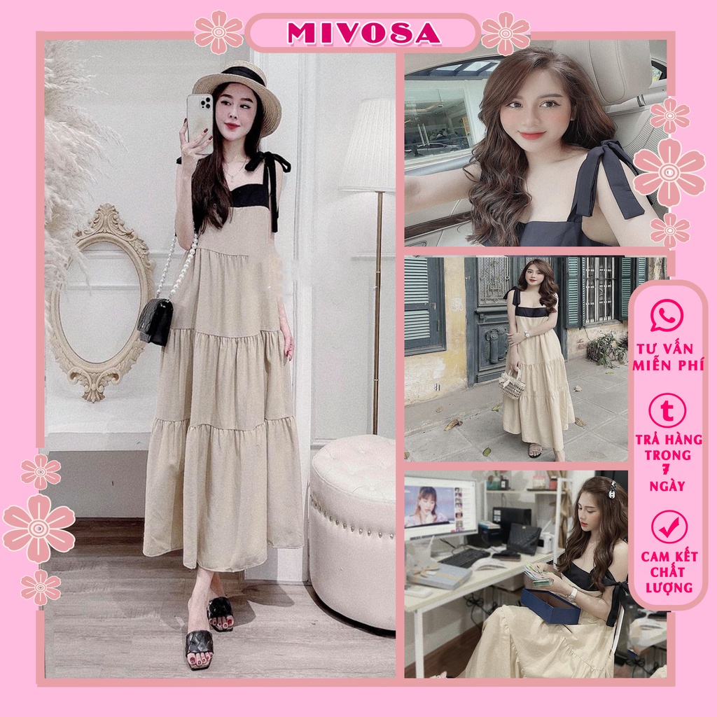 Đầm đũi suông 2 dây nơ vai dáng xòe váy babydoll nữ đi biển MIVOSA VN325